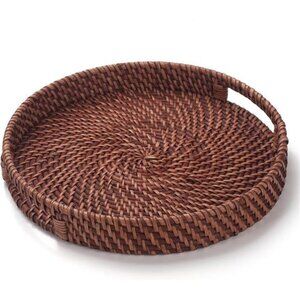 11 inch Rattan Tray, Round Wicker Tray with Cut-Out Handles, Woven Serving Tray